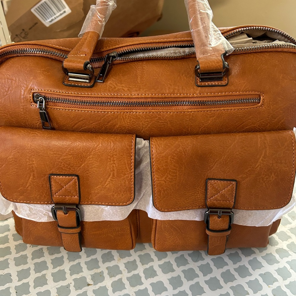 Tan Vegan Leather Satchel/Briefcase with Dark Hardware - Unisex